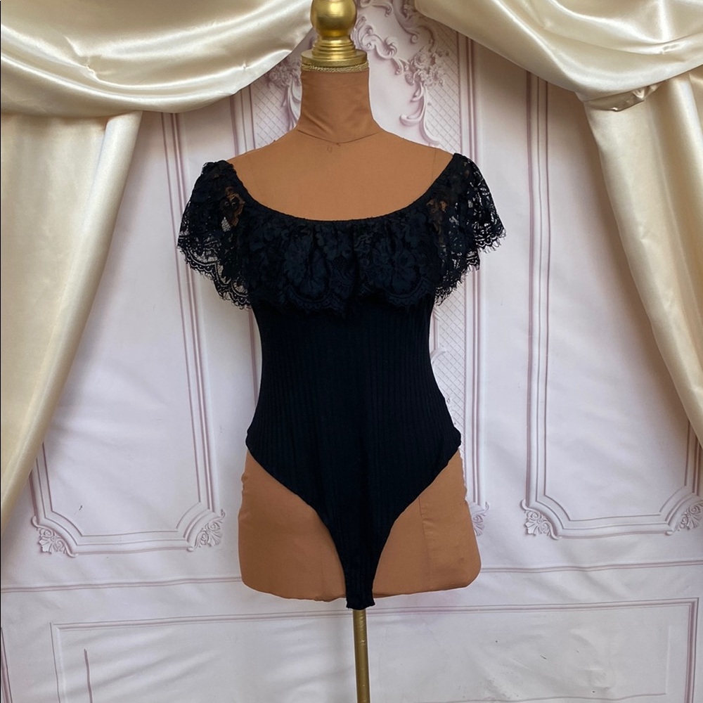 Elegant Black Lace Off-Shoulder Bodysuit